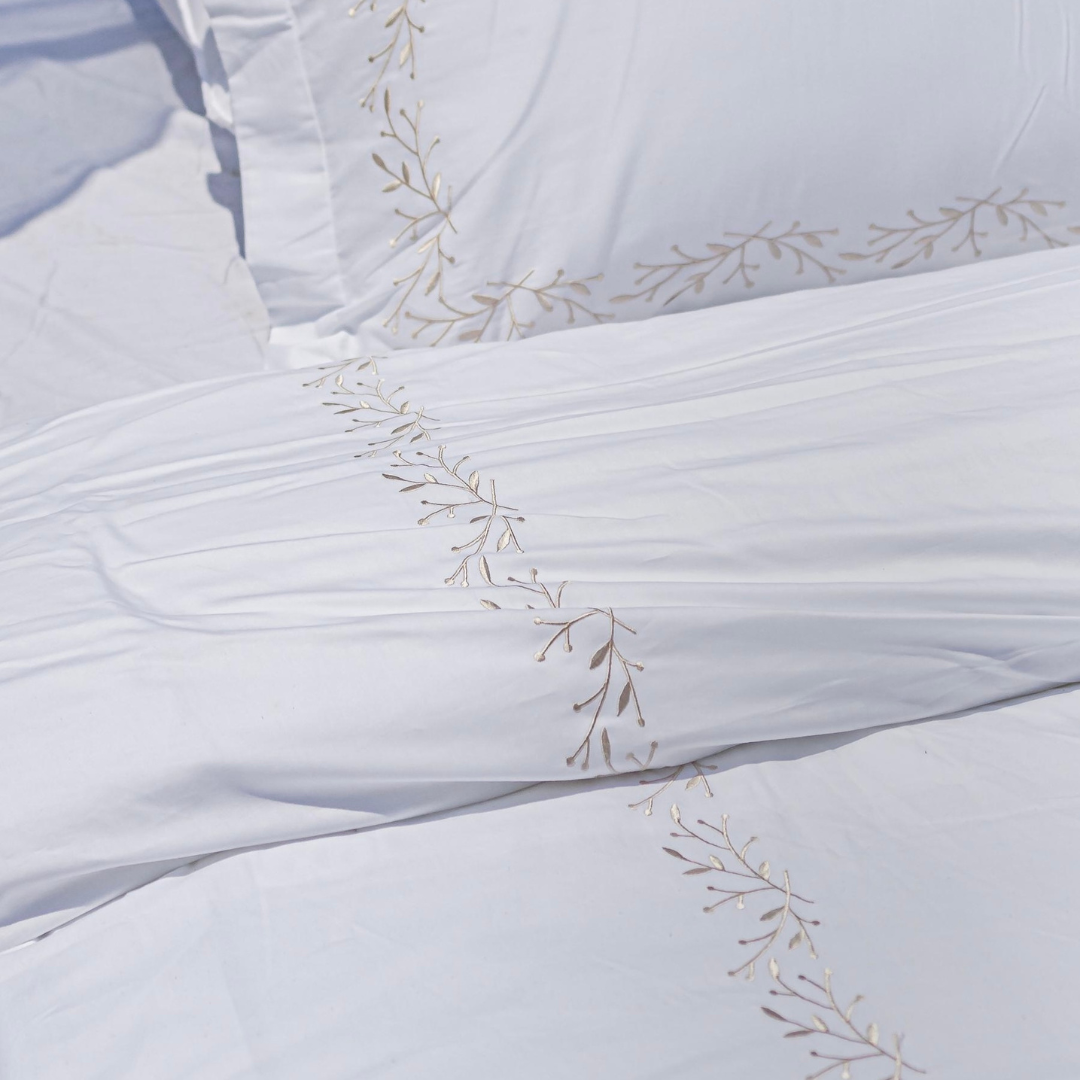 COMFYB EMBROIDERED 100% COTTON BED SET LEAF GOLD