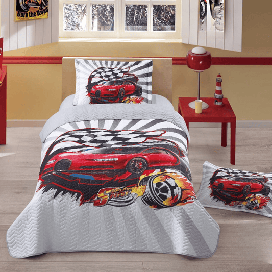 CAR RACE PRINTED KIDS BEDSPREAD