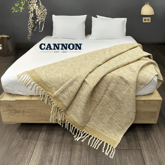 CANNON WOVEN KNITTED THROW BLANKET STRIPES CAMEL