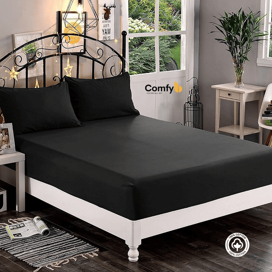 Experience the utmost comfort with our 100% Cotton Fitted Sheet Set, available in three sizes. The single size includes 1 fitted sheet measuring 120x200 cm and 1 pillowcase measuring 50x75 cm. The double size offers 1 fitted sheet measuring 180x200 cm and 2 pillowcases measuring 50x75 cm. The king size features 1 fitted sheet measuring 200x200 cm and 2 pillowcases measuring 50x75 cm. Elevate your bedding with the softness and quality of our Cotton Fitted Sheet Set.