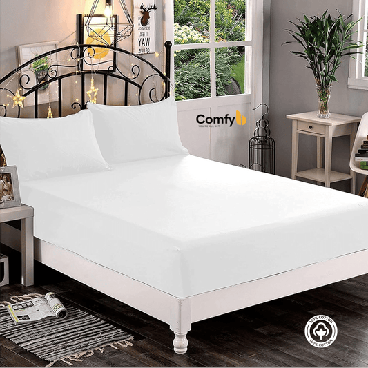 Experience the utmost comfort with our 100% Cotton Fitted Sheet Set, available in three sizes. The single size includes 1 fitted sheet measuring 120x200 cm and 1 pillowcase measuring 50x75 cm. The double size offers 1 fitted sheet measuring 180x200 cm and 2 pillowcases measuring 50x75 cm. The king size features 1 fitted sheet measuring 200x200 cm and 2 pillowcases measuring 50x75 cm. Elevate your bedding with the softness and quality of our Cotton Fitted Sheet Set.