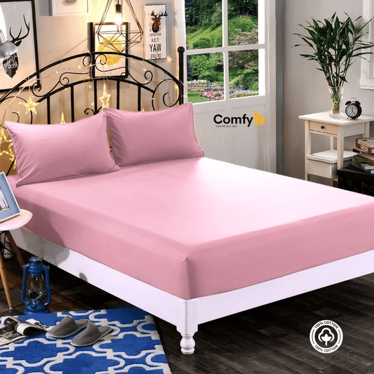 Experience the utmost comfort with our 100% Cotton Fitted Sheet Set, available in three sizes. The single size includes 1 fitted sheet measuring 120x200 cm and 1 pillowcase measuring 50x75 cm. The double size offers 1 fitted sheet measuring 180x200 cm and 2 pillowcases measuring 50x75 cm. The king size features 1 fitted sheet measuring 200x200 cm and 2 pillowcases measuring 50x75 cm. Elevate your bedding with the softness and quality of our Cotton Fitted Sheet Set.