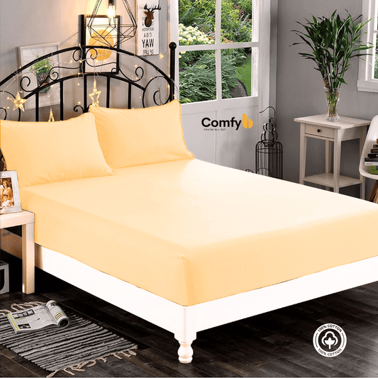 Experience the utmost comfort with our 100% Cotton Fitted Sheet Set, available in three sizes. The single size includes 1 fitted sheet measuring 120x200 cm and 1 pillowcase measuring 50x75 cm. The double size offers 1 fitted sheet measuring 180x200 cm and 2 pillowcases measuring 50x75 cm. The king size features 1 fitted sheet measuring 200x200 cm and 2 pillowcases measuring 50x75 cm. Elevate your bedding with the softness and quality of our Cotton Fitted Sheet Set.