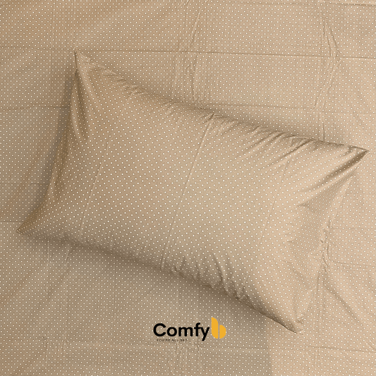 Elevate your bedding with Comfyb Dots Poly Cotton 50/50 Fitted Sheet Sets, featuring a dotted fitted sheet and pillowcases in soft tones. Crafted from a 50/50 poly-cotton blend, these sets require no ironing. Available in single (two 120×200+30 cm fitted sheets, two 50×75 cm pillowcases), double (180×200+30 cm fitted sheet, two 50×75 cm pillowcases), and king sizes (200×200+30 cm fitted sheet, two 50×75 cm pillowcases), each ensures a comfortable night's sleep.