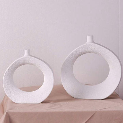 CERAMIC CIRCLE TEXTURED WHITE VASE 2-PIECE